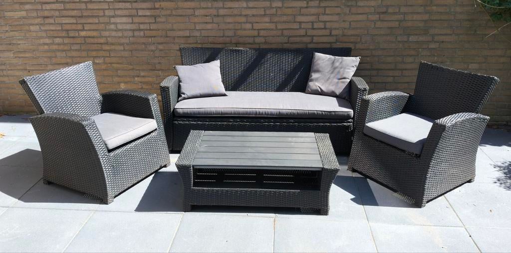 wicker tuinset, loungeset met tafel en kussens, Tuin en Terras, Tuinsets en Loungesets, Ophalen, 5 zitplaatsen, Gebruikt, Bank