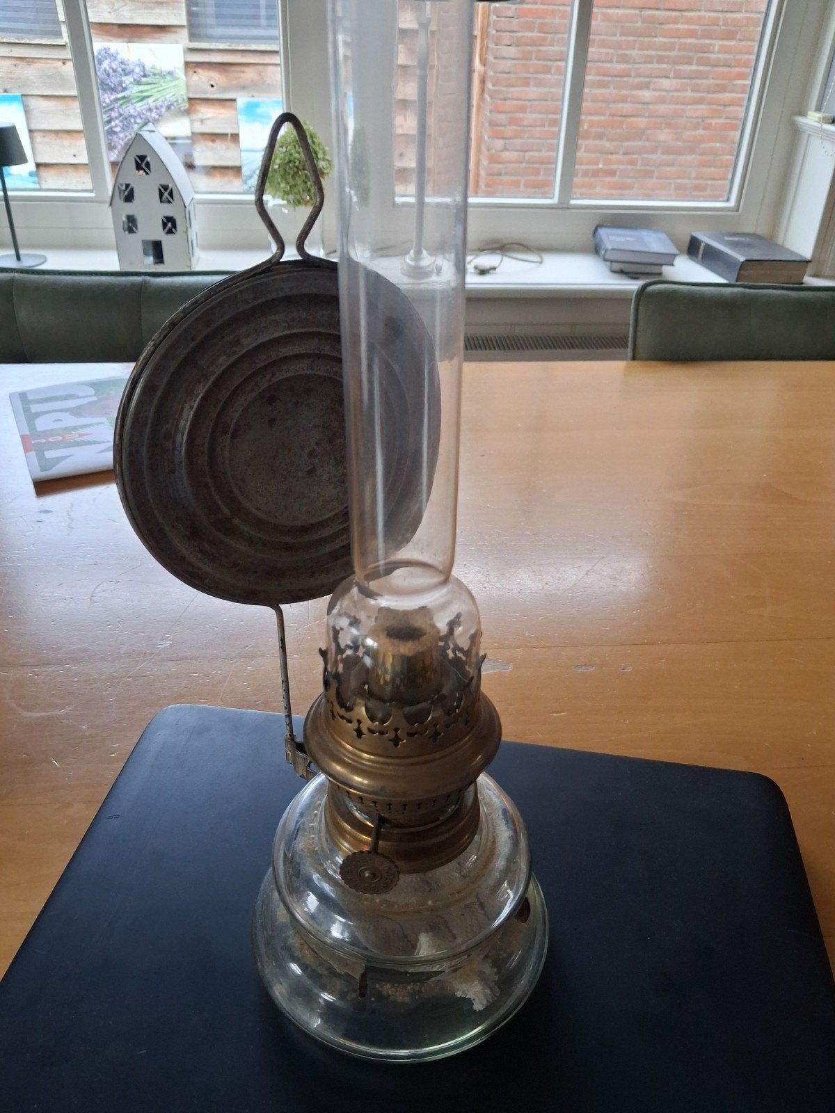 Antieke Kosmos Brenner olielamp met glazen reservoir, Antiek en Kunst, Ophalen of Verzenden