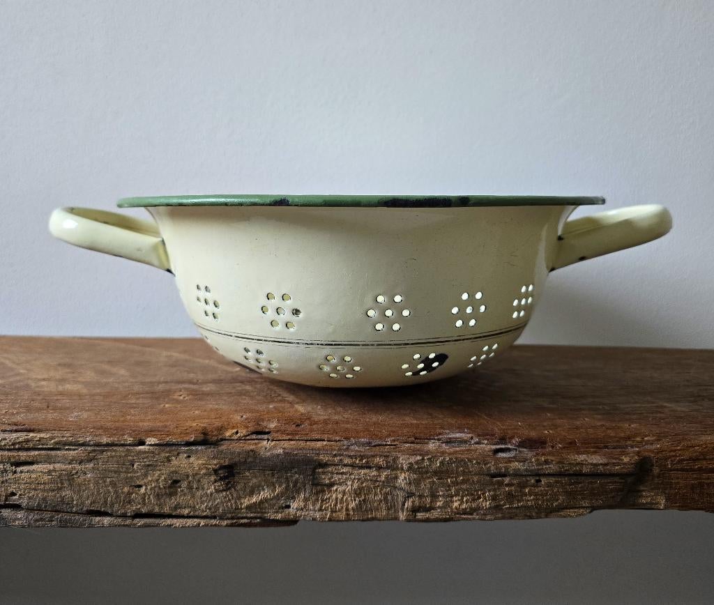 Emaille vergiet beige/groen uit de jaren 50, Ophalen of Verzenden