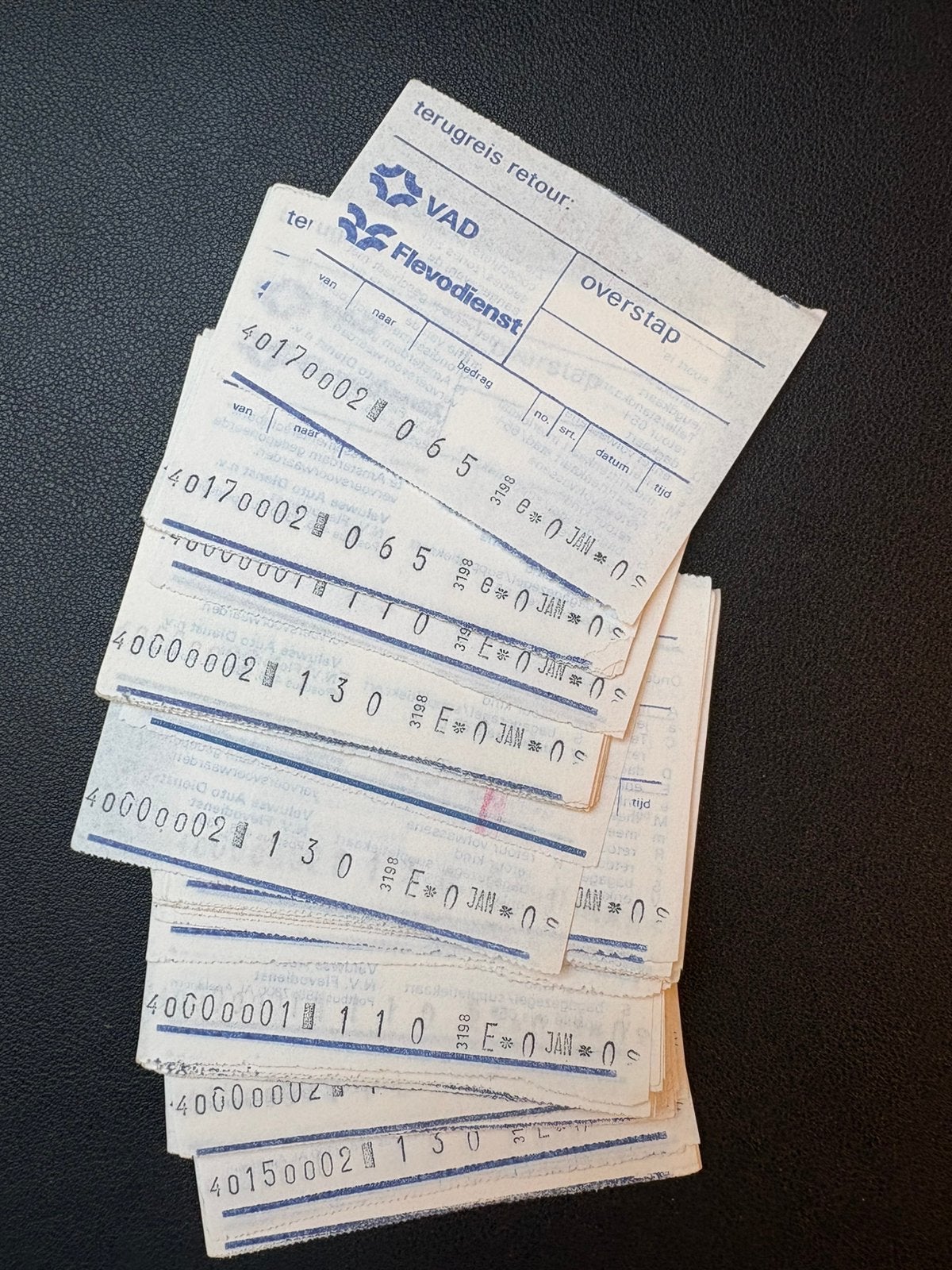 76 dagretourkaartjes VAD/Flevodienst, Verzamelen, Ophalen of Verzenden, Gebruikt, Bus of Metro