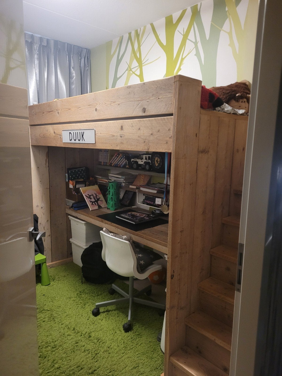 Stevig steigerhouten hoogslaper met bureau en trap, Huis en Inrichting, Slaapkamer | Stapelbedden en Hoogslapers, Gebruikt, Hoogslaper
