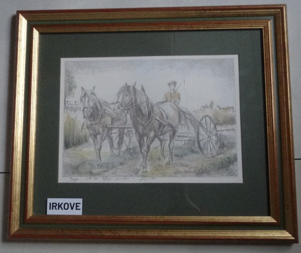 AQUAREL PAARDEN VOOR DE PLOEG * in Mooie Lijst *, Met monogram, Dagelijks leven, 37 cm, 44 cm