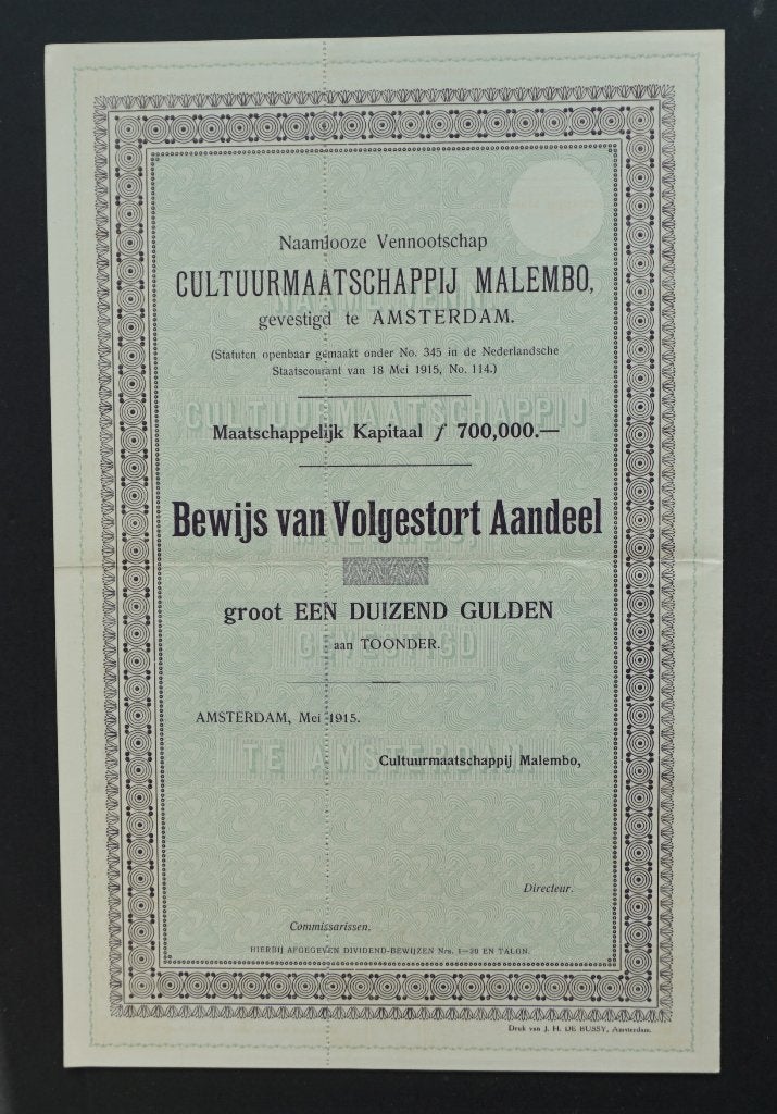 N.V. Cultuurmaatschappij Malembo (Portugeesch Congo) 1915, Verzenden, Voor 1920, Aandeel