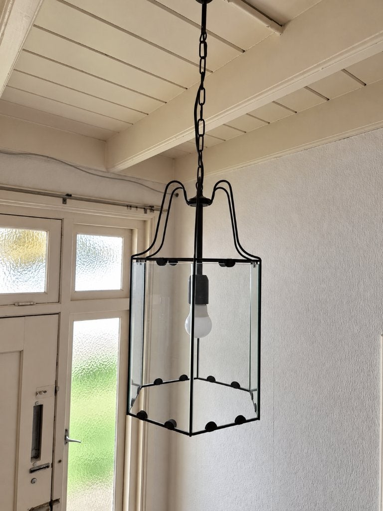 Mooie zwarte glazen lantaarn hanglamp, Huis en Inrichting, Ophalen, E27 (groot), Glas, Landelijk