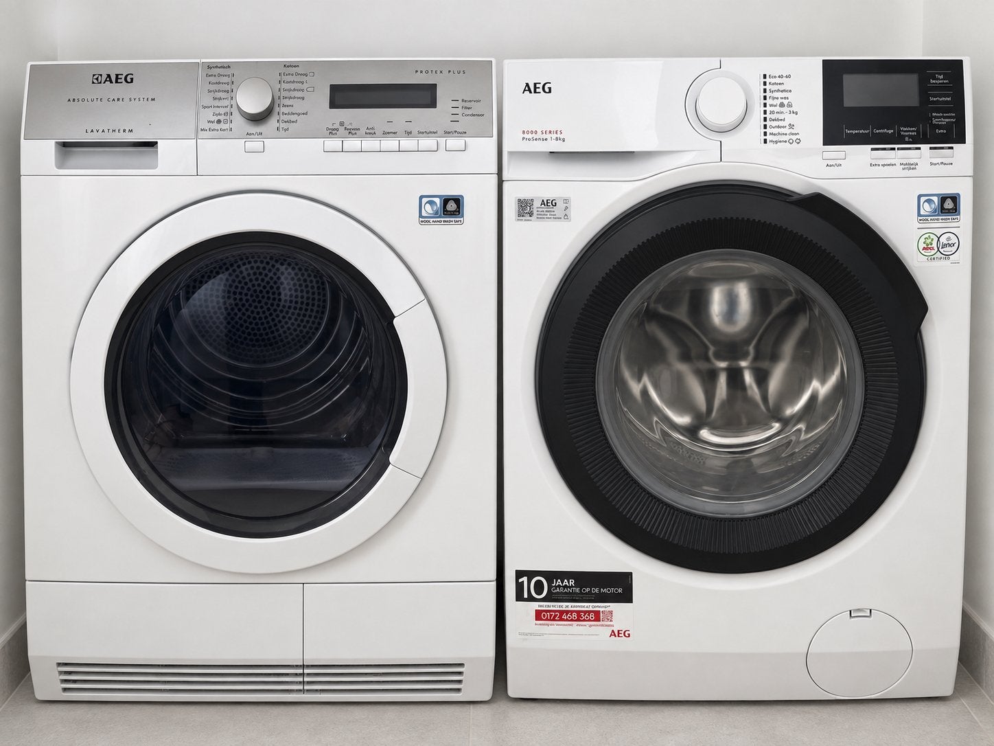 Set AEG Wasmachine (8kg, 2 jaar oud) en AEG Condensdroger, 8 tot 10 kg, Ophalen, Gebruikt