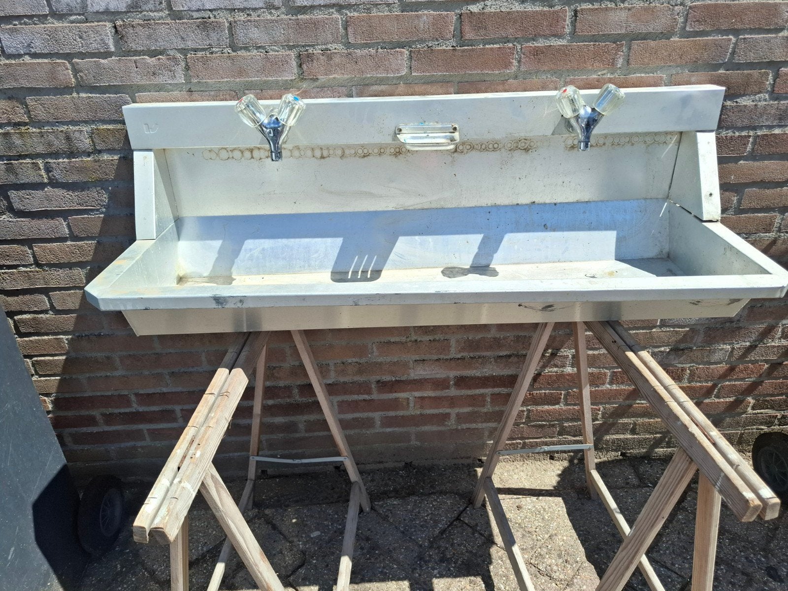 Aluminium wasbak spoelbak wastrog 120 cm 2 mengkranen, Ophalen, Gebruikt, Wastafel