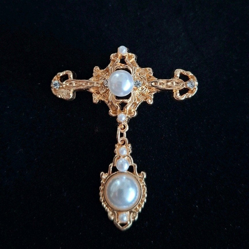 Elegante gouden broche met parels en strass, Overige materialen, 4 tot 7 cm, Met parel, Nieuw