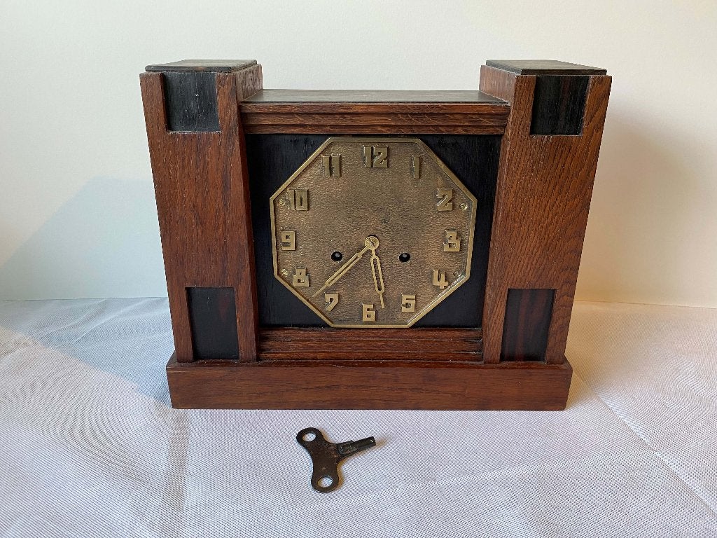 Amsterdamse school klok pendule houten brons koper art deco, Antiek en Kunst, Ophalen of Verzenden