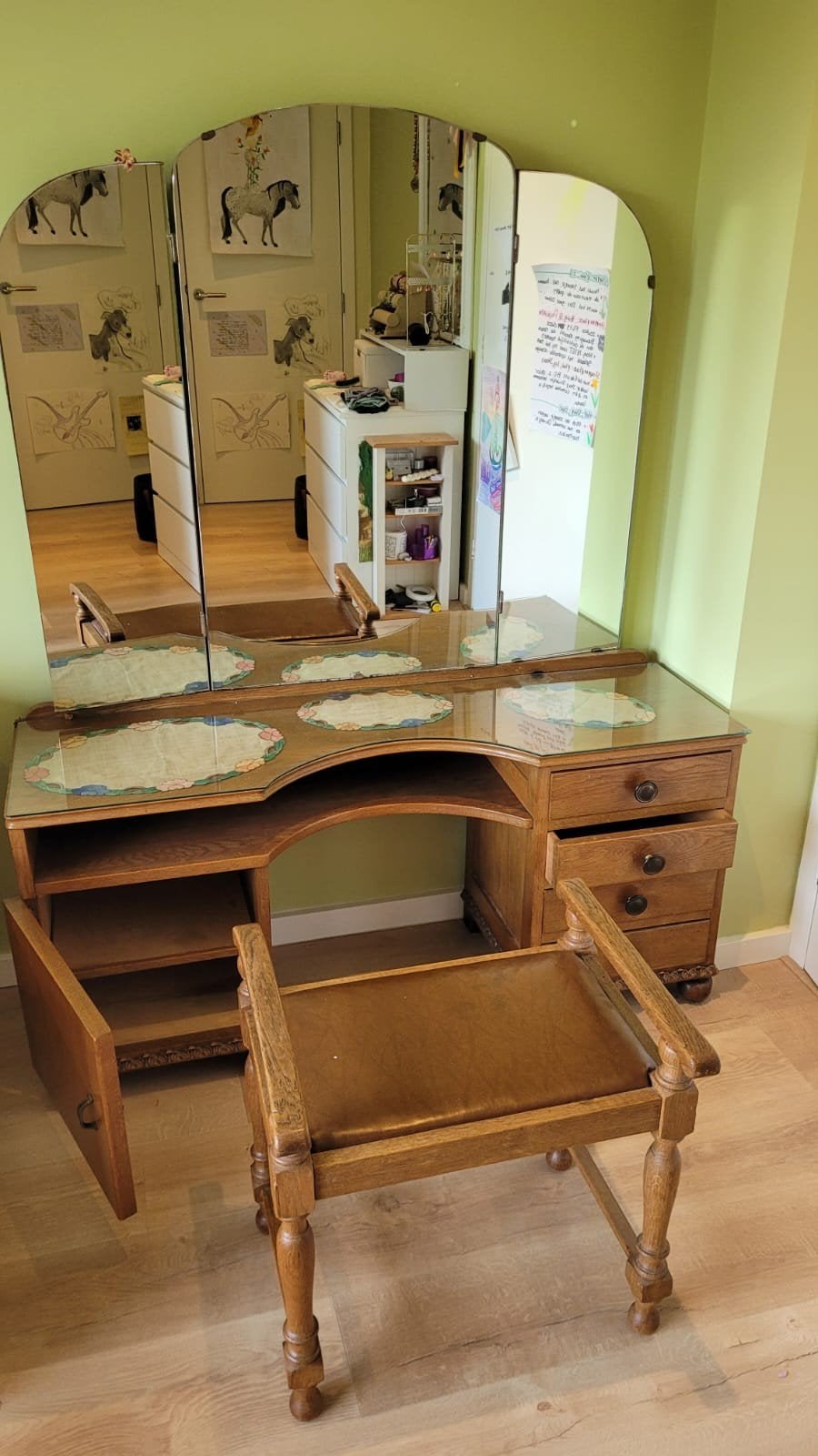 Vintage eiken kaptafel met spiegel en krukje, Ophalen