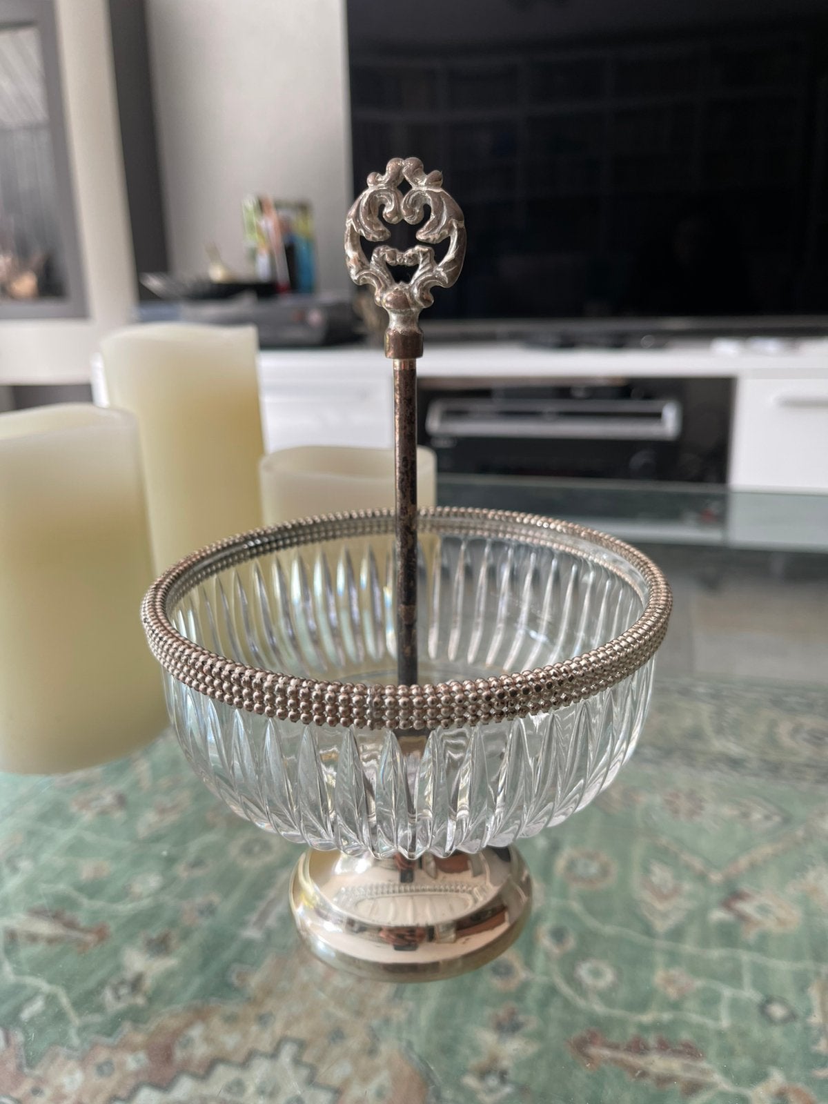 Schattig antiek bonbonschaaltje met zilveren details, Ophalen, Gebruikt, Glas