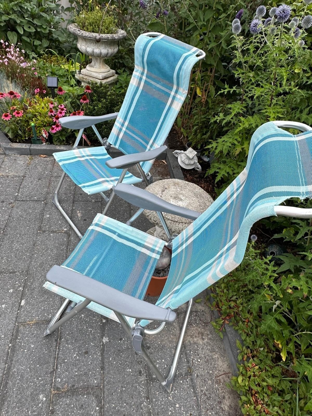 Camping stoelen set - Blauw/Wit Geruit, Tuin en Terras, Tuinstoelen, Gebruikt, Aluminium, Inklapbaar, Verstelbaar, Ophalen