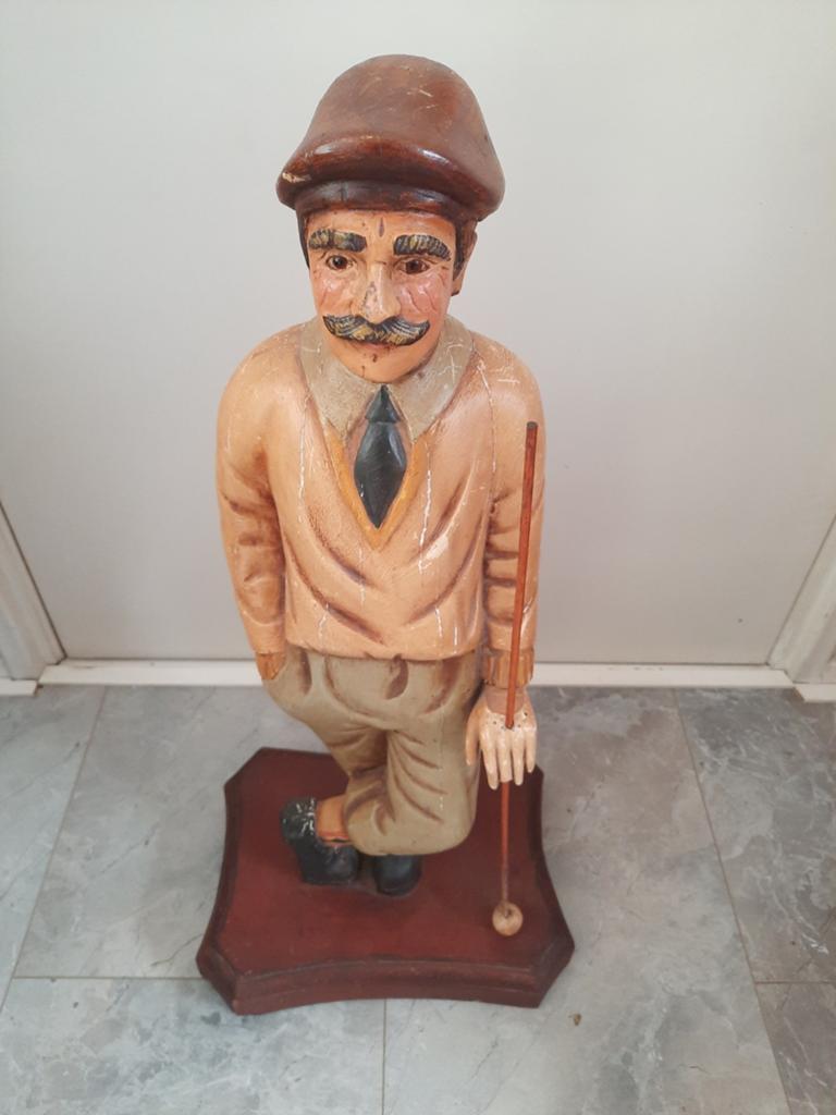 Massief houten beeld golfer 70 cm hoog, Antiek en Kunst, Ophalen of Verzenden