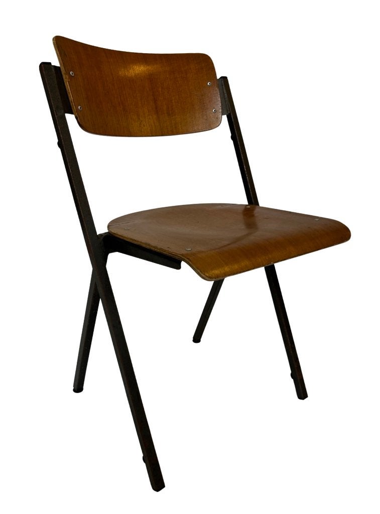 Vintage Set Van Vier Stoelen Schoolstoel Kompas model 60's, Vintage stoelen, Gebruikt, Bruin, Vintage stoelen