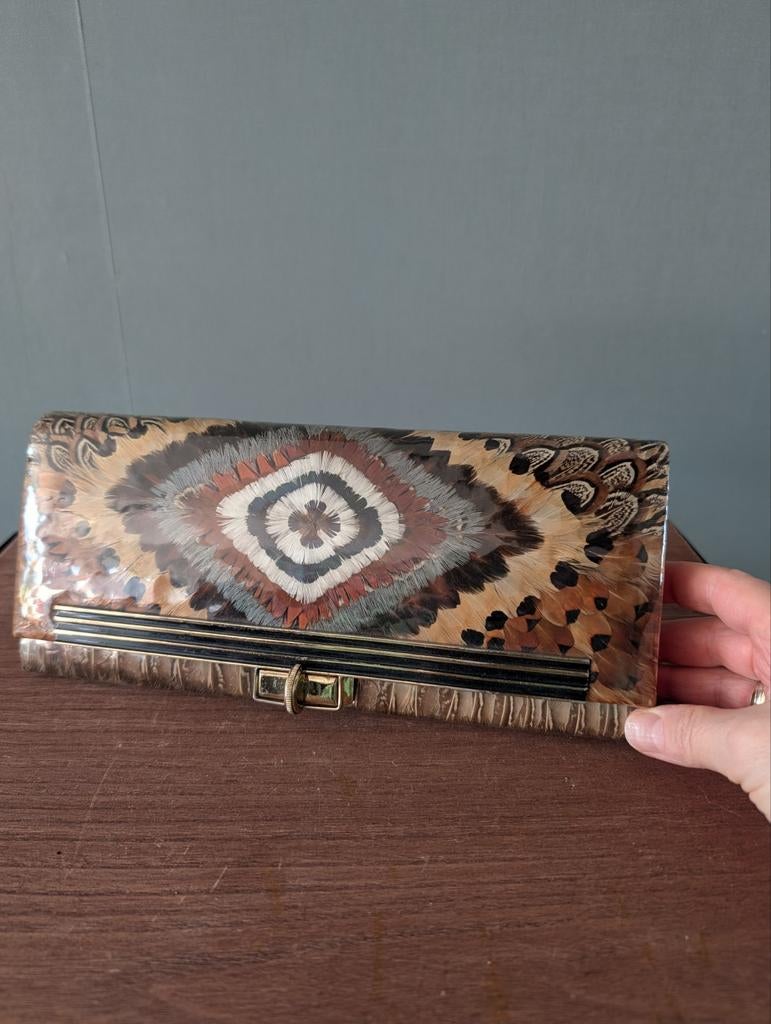 Vintage veren clutch - uniek avondtasje, Sieraden, Tassen en Uiterlijk, Tassen | Damestassen, Ophalen of Verzenden