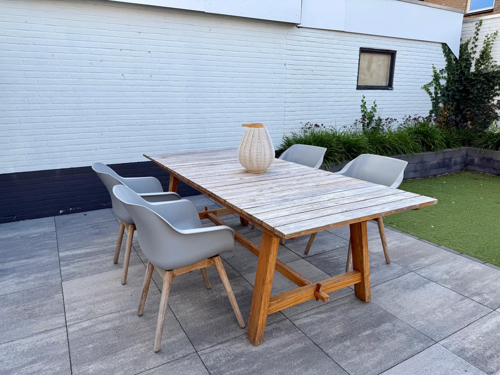 Van der Leeden Teak Tuintafel en 4 Hartman stoelen., Ophalen, 4 zitplaatsen, Gebruikt, Eettafel
