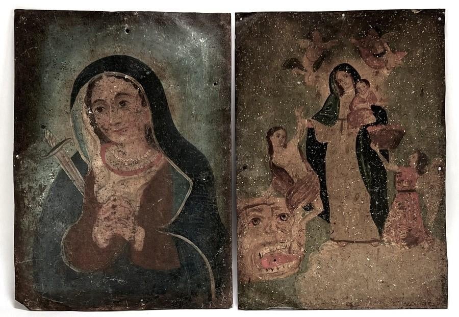 1030. Religieuze retablo's op tin, Mexico, ca.1880, Ophalen of Verzenden