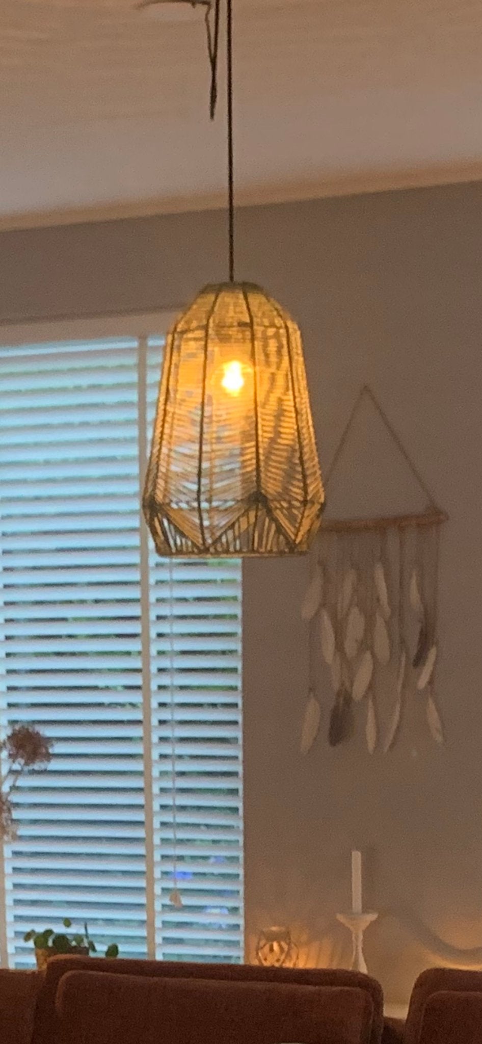 Olijfgroene Raffia Hanglamp - Boho Stijl, Huis en Inrichting, Ophalen, Zo goed als nieuw, Natuurlijk materiaal, E27 (groot)