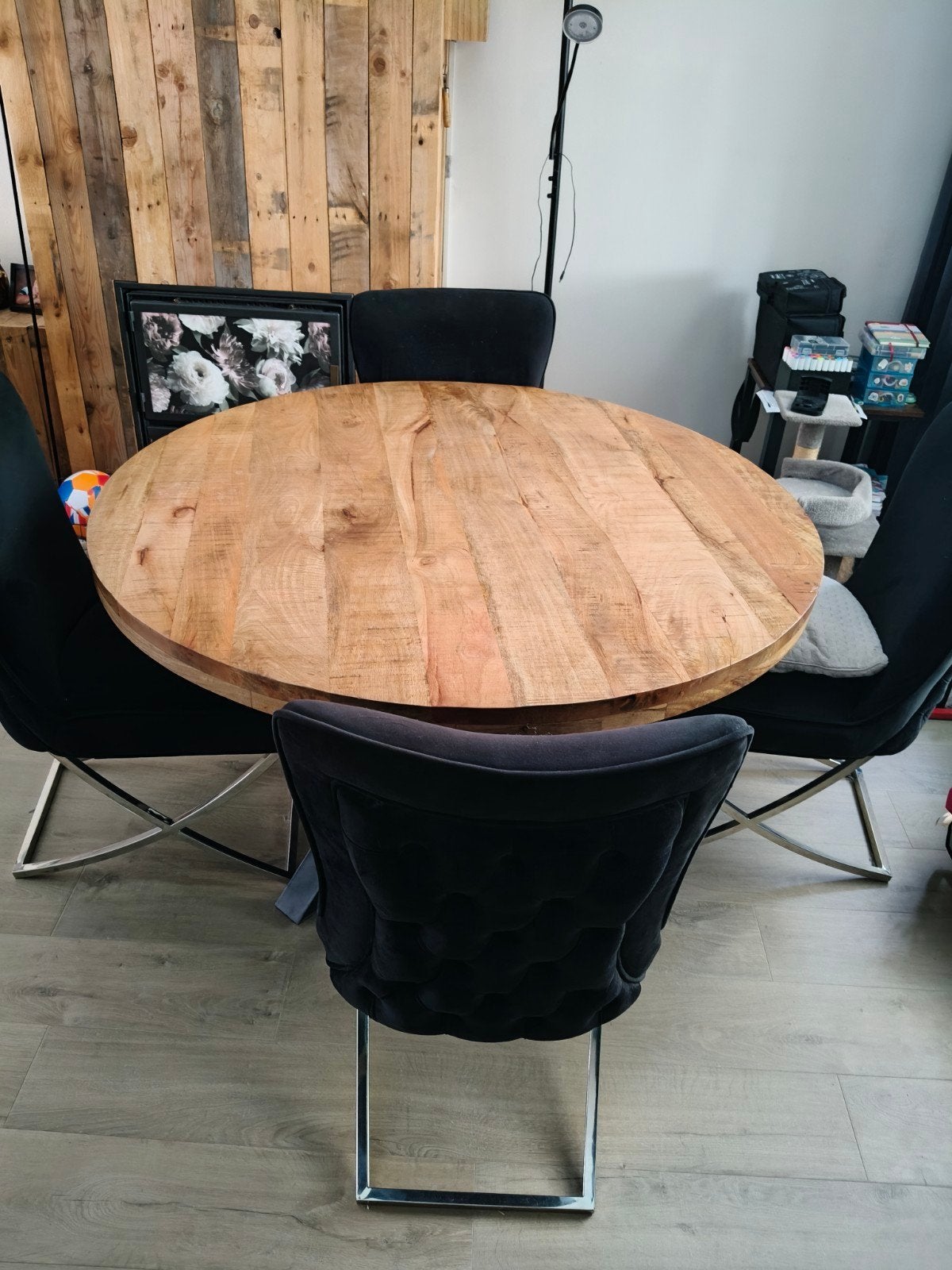Mangohouten eettafel met 4 zwarte eetkamerstoelen, Ophalen, Gebruikt, Rond, Vier personen