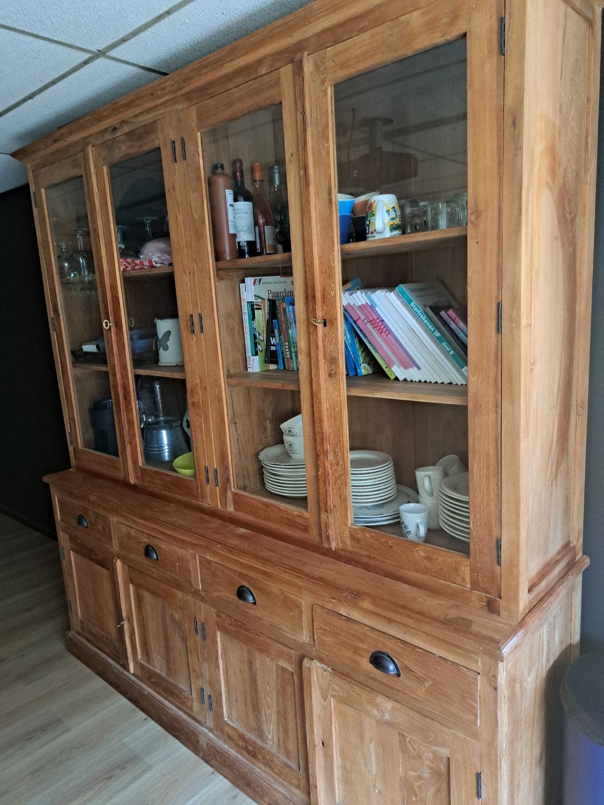 Grote Oud Grenen Buffet/Vitrinekast - 2-delig, Ophalen