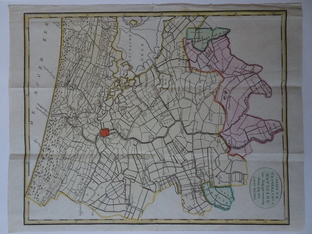 Gravure kleur plattegrond Rijnland Amstelland Feuille 1706, Ophalen of Verzenden, Gravure, Handgekleurd