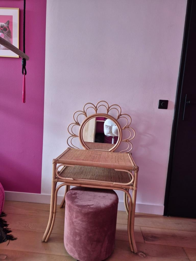 Rotan kaptafel met spiegel en krukje, Ophalen, Gebruikt, Tafel(s) en Stoel(en)