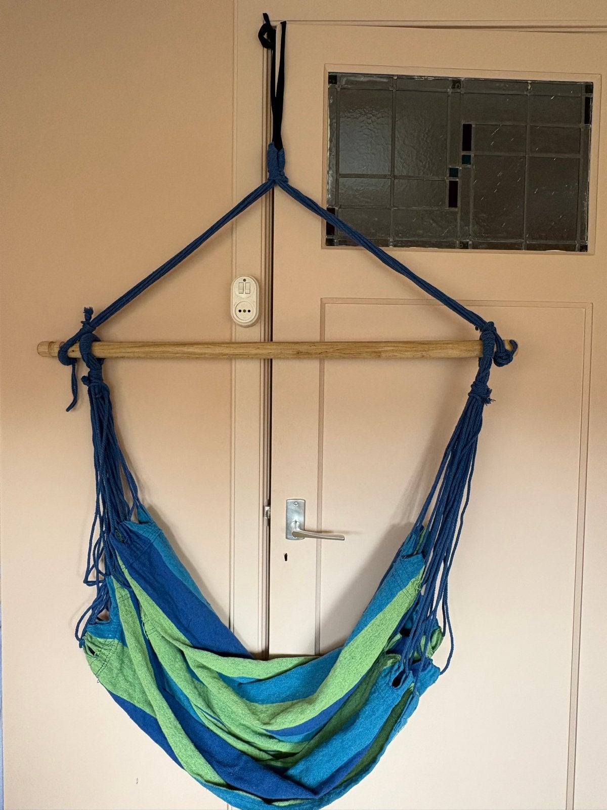 Comfortabele hangstoel in blauw en groen - zelden gebruikt, Opvouwbaar, Ophalen of Verzenden, Zo goed als nieuw, Eenpersoons