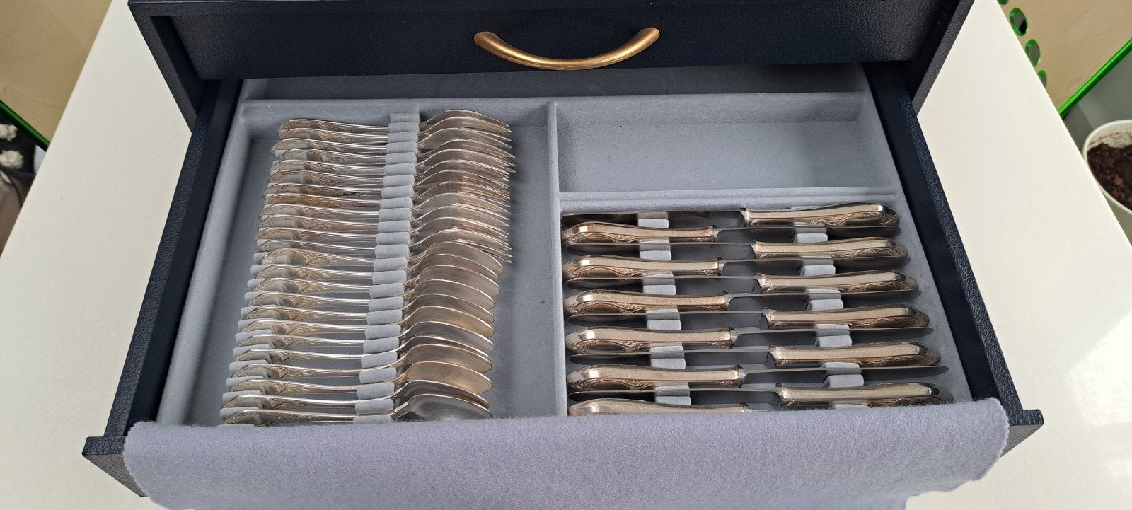 Verzilverd 12 pers. Art Deco bestek in cassette Silber 100, Ophalen of Verzenden