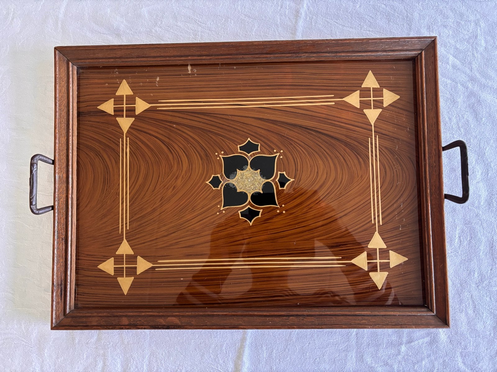 Art Deco houten dienblad met intarsia decoratie., Antiek en Kunst, Ophalen of Verzenden