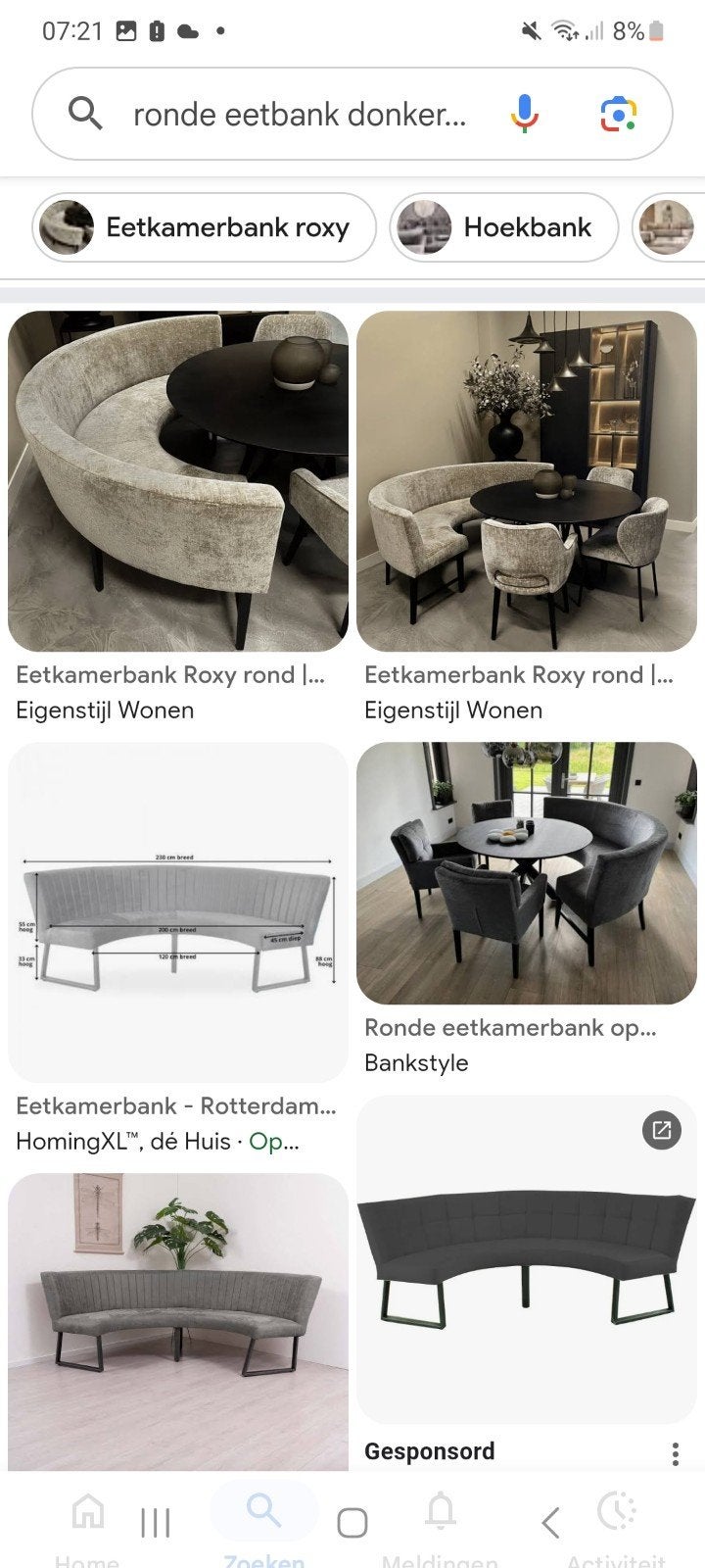ik zoek een grijze ronde eetbank in ruil voor rechtmodel