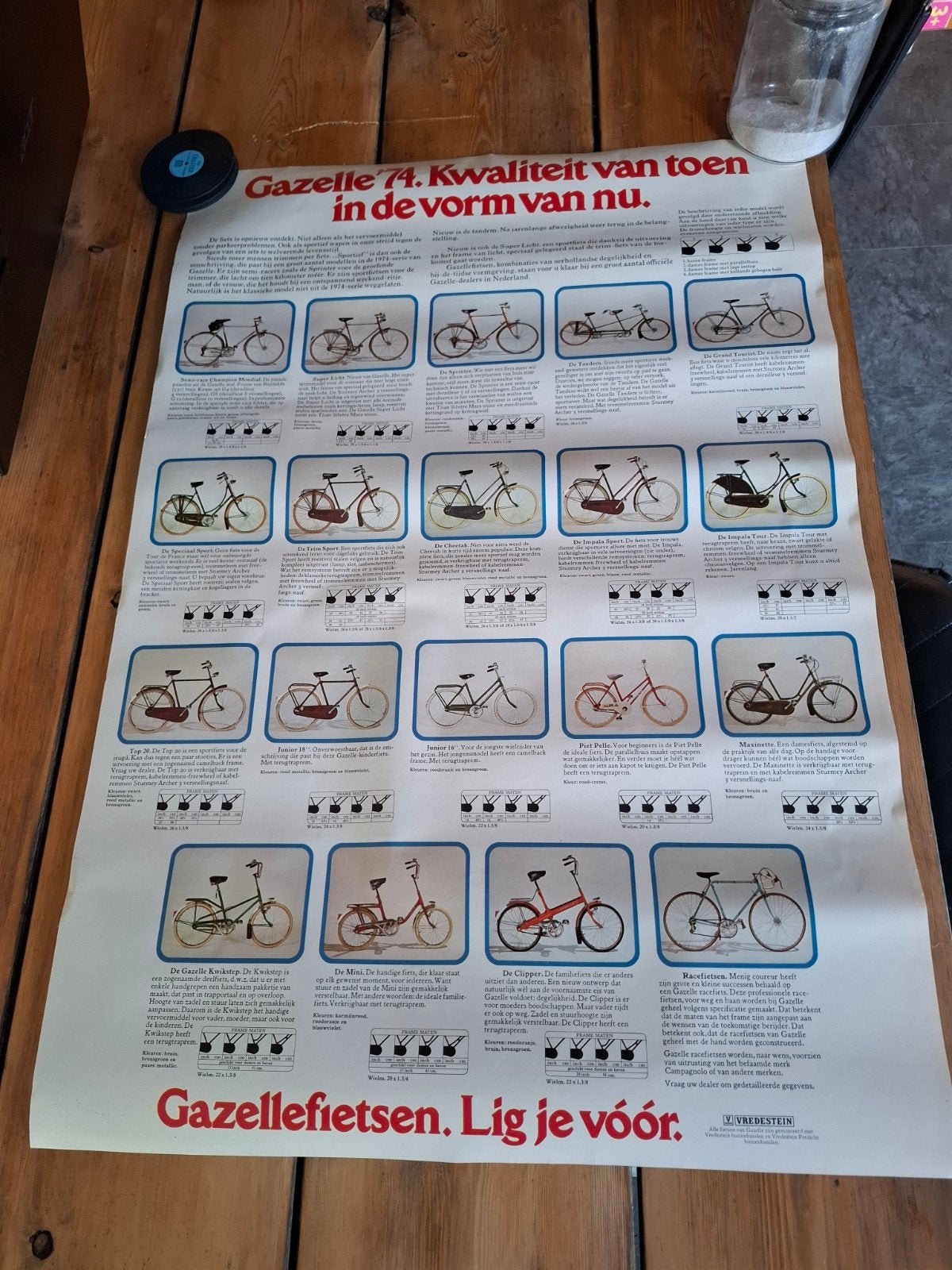 Gazelle 1974 poster oldtimer fiets, Rechthoekig Staand, Ophalen of Verzenden, Zo goed als nieuw, A1 t/m A3