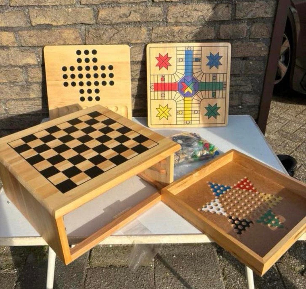 Houten kist met meerdere spellen, Drie of vier spelers, Ophalen of Verzenden, Gebruikt