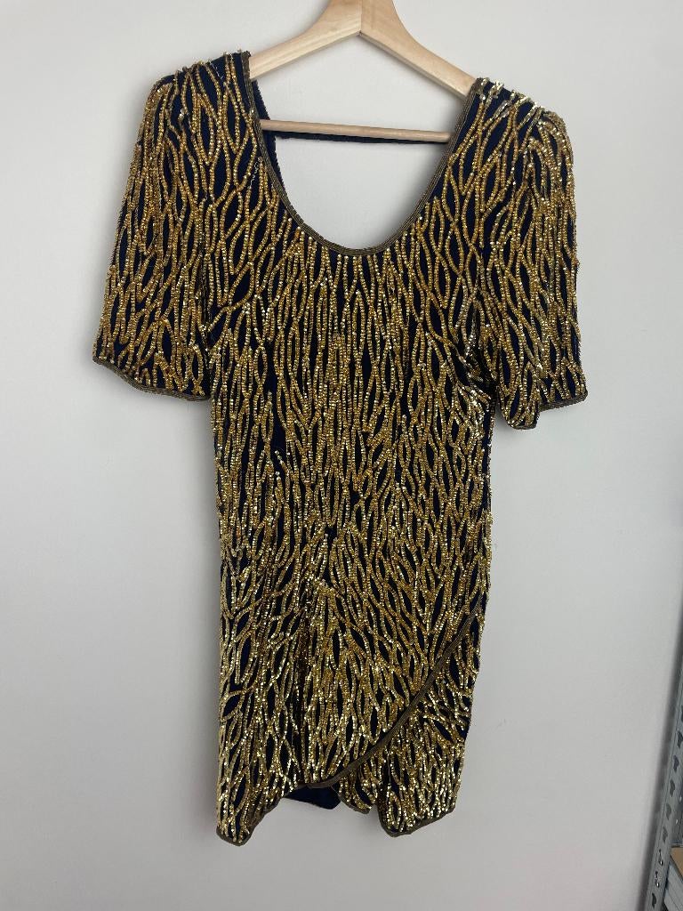 Laurence Kazar jurk maat S met pailletten blauw goud zijde, Kleding | Dames, Blauw, Vintage, Vintage, Ophalen of Verzenden