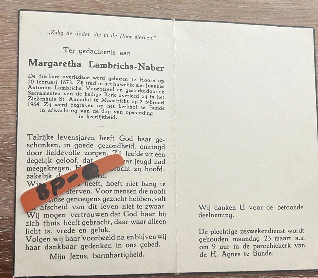 Naber Margaretha 1873 Hoorn 1964 Maastricht x Lambrichs, Ophalen of Verzenden, Bidprentje