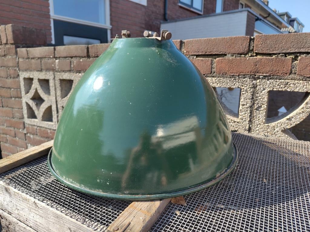 Vintage Groene Emaille Industriële Lampenkap - 46cm, Ophalen of Verzenden