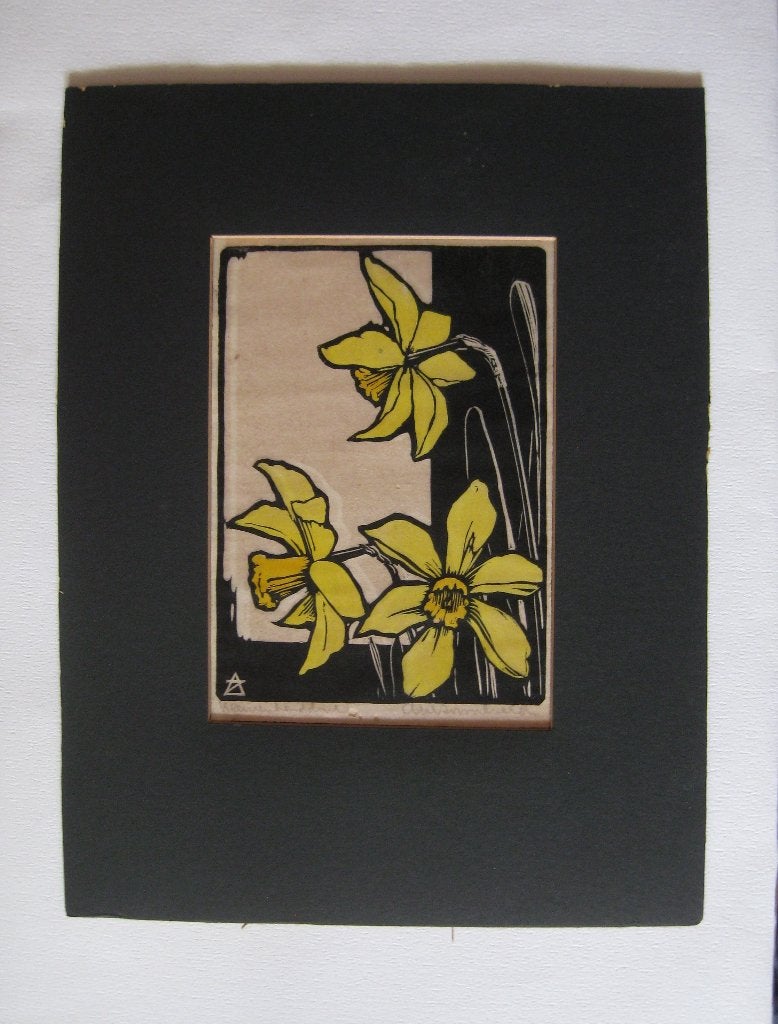 Houtsnede narcissen / Arie Zonneveld / jaren 20-40, Antiek en Kunst, Ophalen, Met monogram, Houtsnede, Flora en Fauna