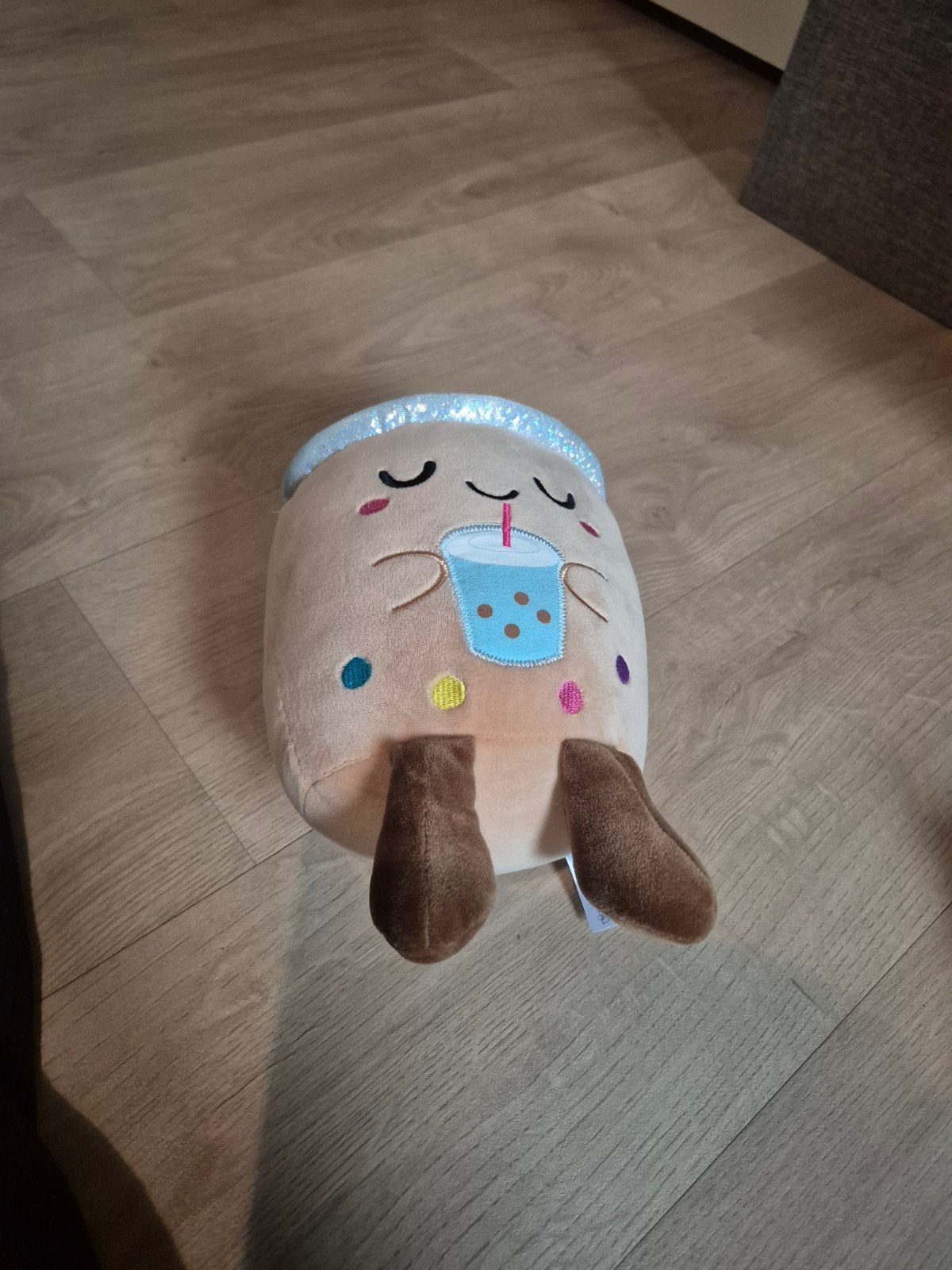 Bruine bubble tea bobba tea knuffel glitter rand knuffel, Ophalen of Verzenden, Zo goed als nieuw, Overige typen