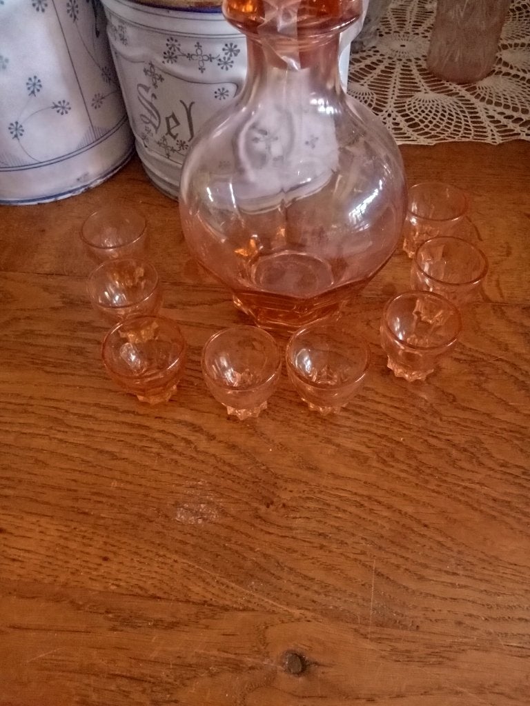 oud rood kleurig persglas karafje + 8 glaasjes, Ophalen of Verzenden