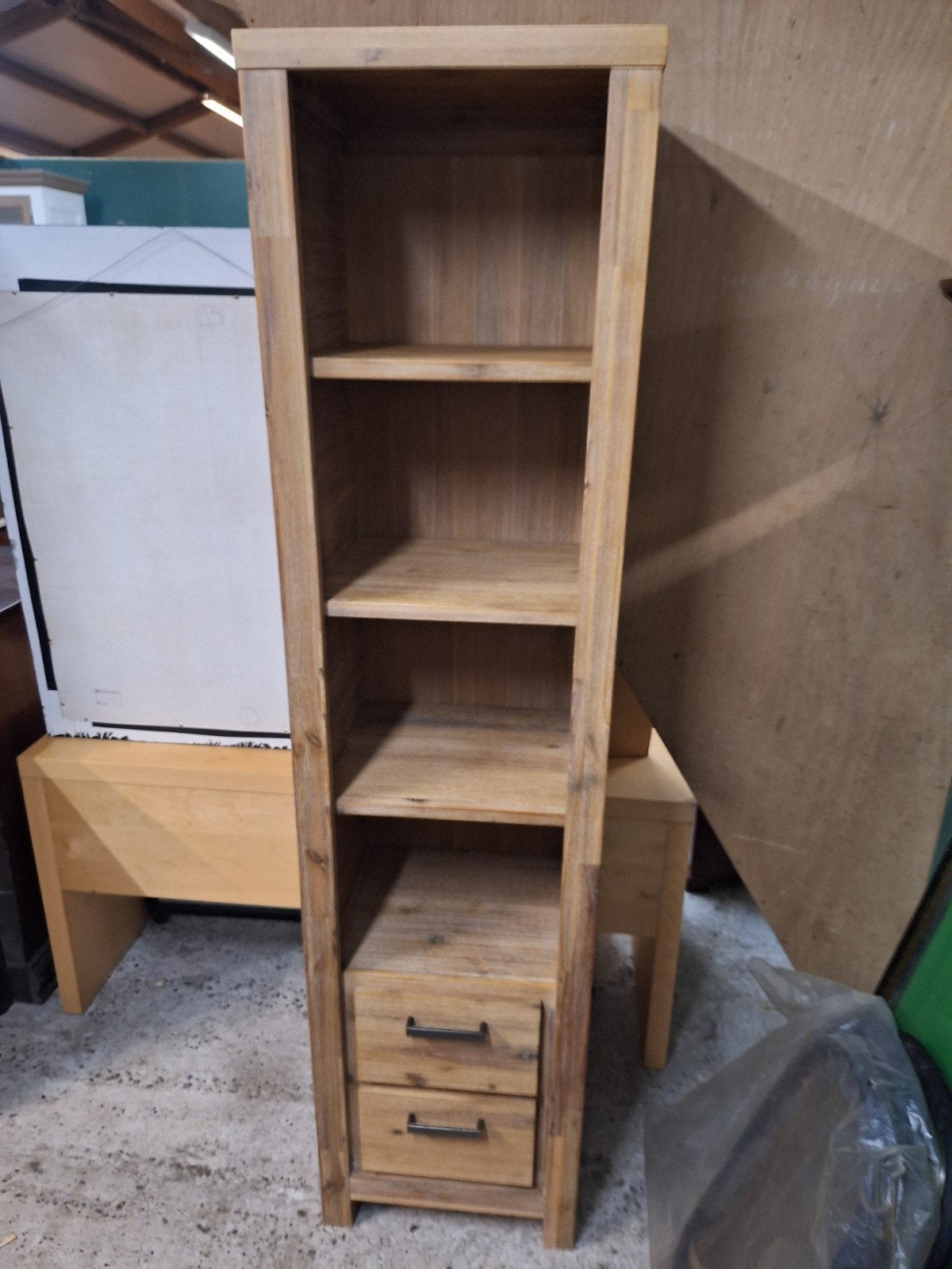 Hoge boekenkast smalle kast met lades en planken brocante, Ophalen, Gebruikt, 200 cm of meer, 50 tot 100 cm