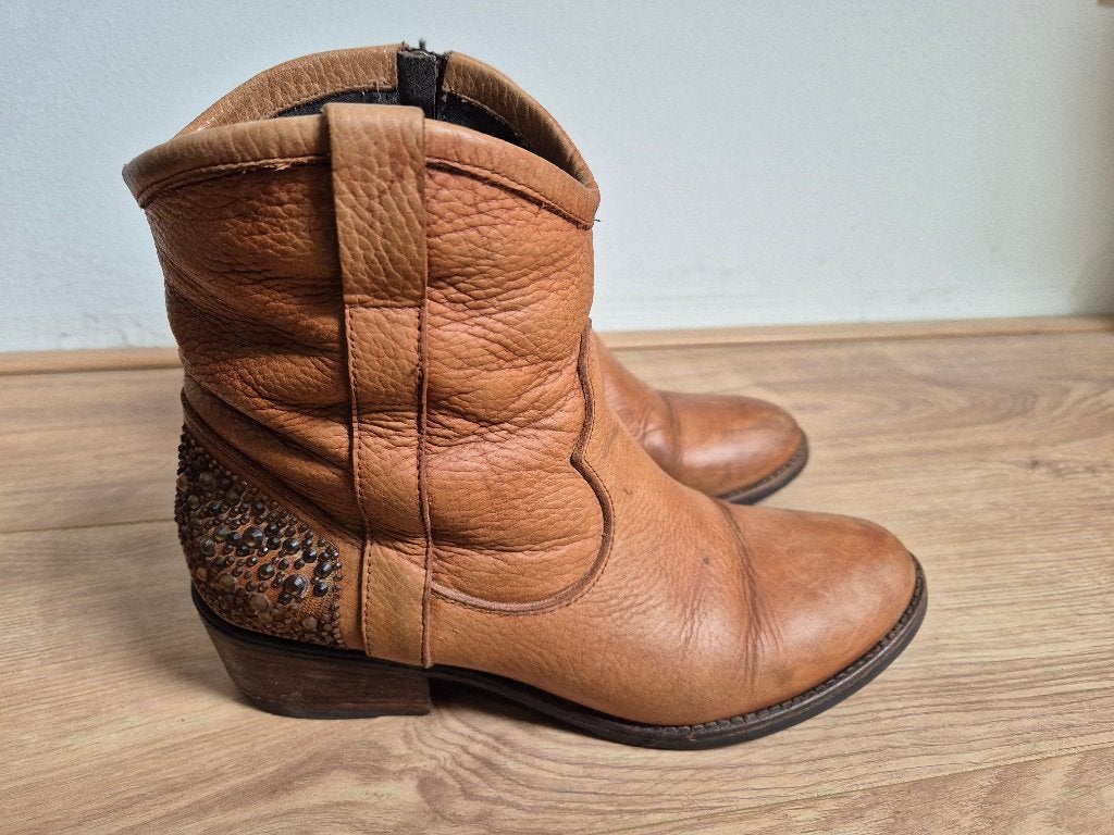 Sch105 - Bruine leren enkellaarzen maat 41 (1), Ophalen of Verzenden, Gedragen, Bruin