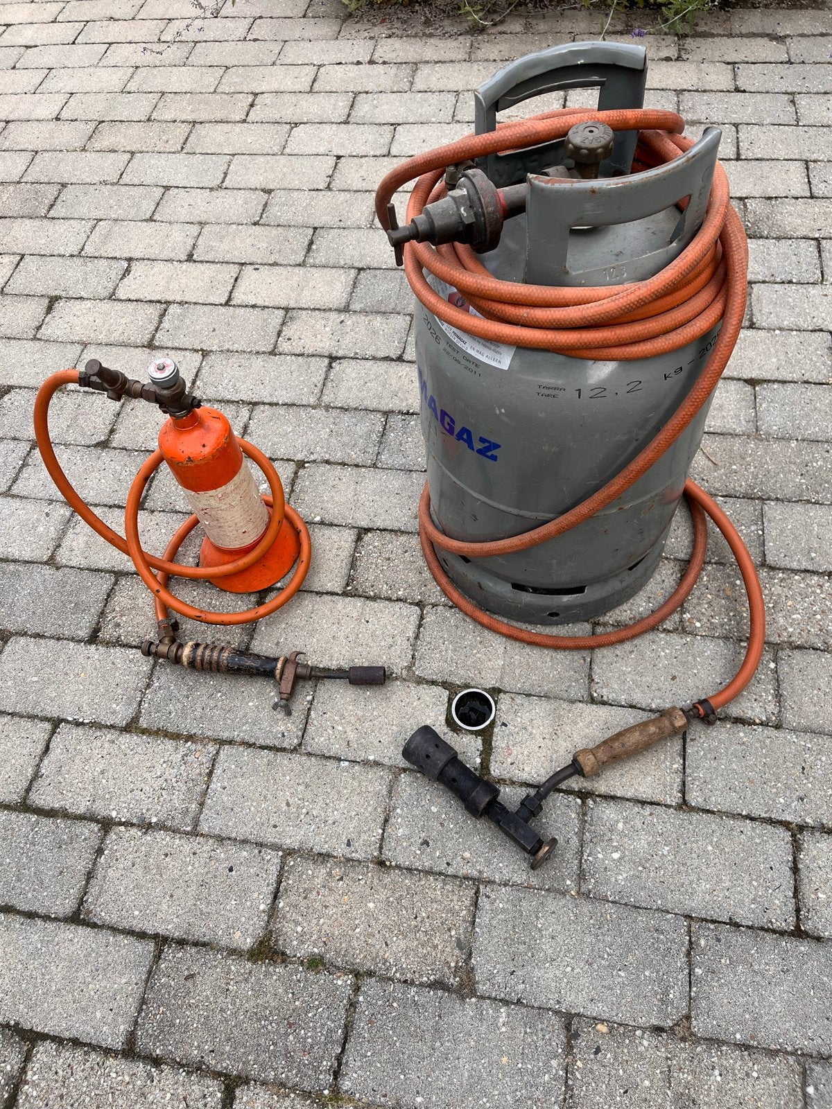 Gasbrander met gasfles en kleine gasfles, Ophalen of Verzenden, Gebruikt