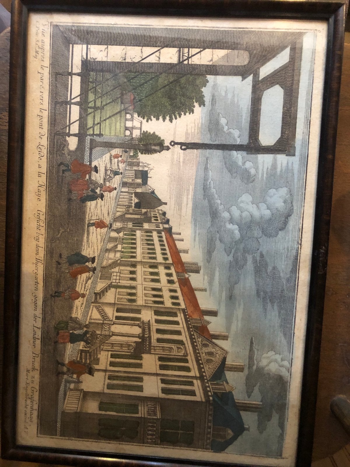 Antieke Ets Den Haag: Gezicht bij de Leidse Brug, Handgekleurd, Ets, Stadsgezicht, Ophalen of Verzenden