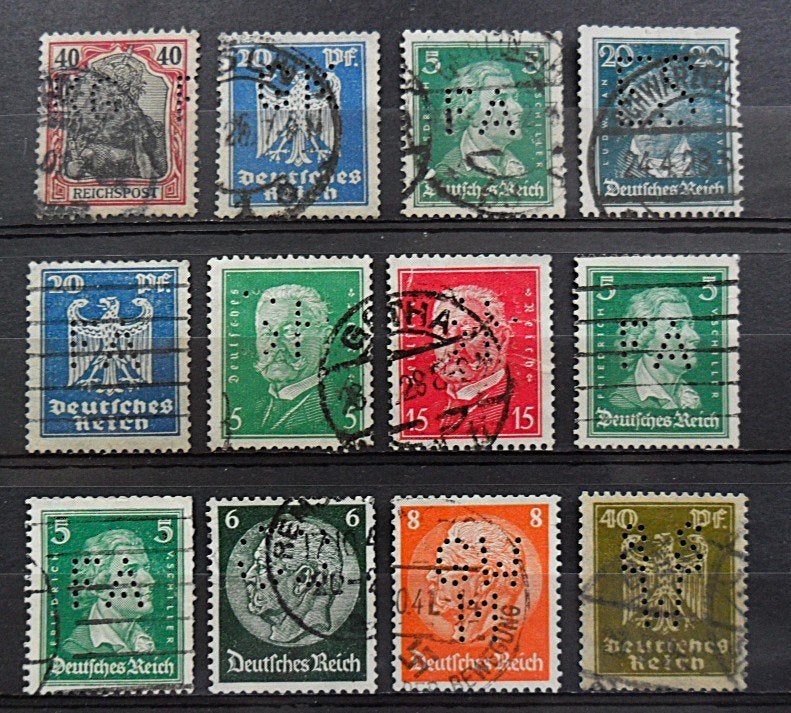 Reich : 12 mooie perfins firmaperforaties periode 1900-1941, Ophalen of Verzenden, Duitse Keizerrijk, Gestempeld
