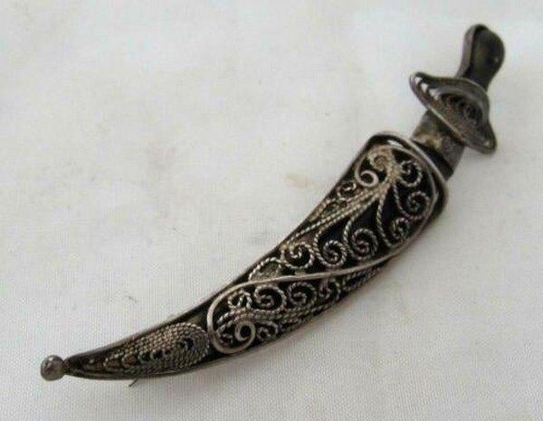 Broche scimitar zwaard 925 zilver met been of hoorn blad, Sieraden, Tassen en Uiterlijk, Antieke sieraden, Ophalen, Zilver, Broche