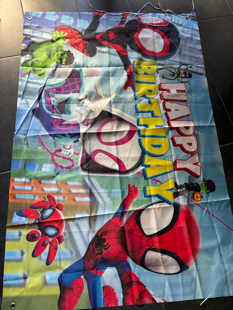 Spiderman Happy Birthday Spandoek - 1.50 x 1 meter, Ophalen of Verzenden, Gebruikt, Versiering, Verjaardag