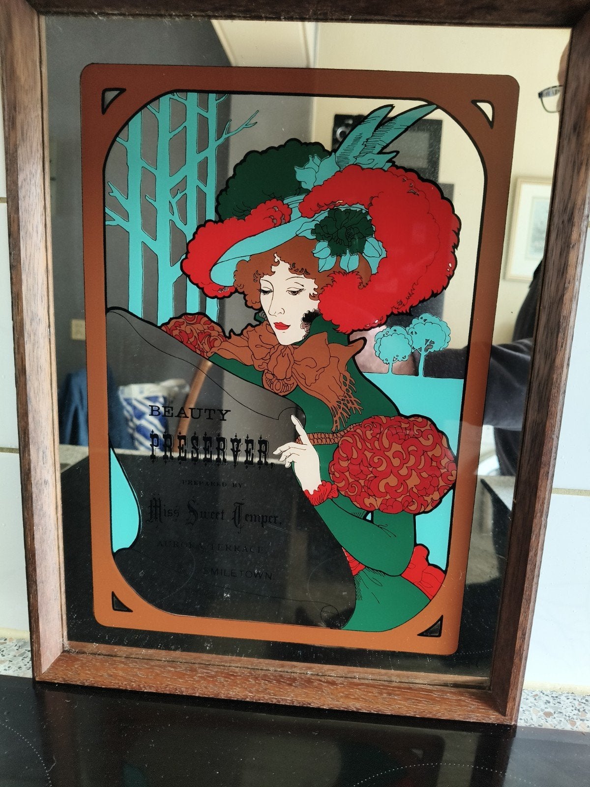 Vintage Spiegel 'Beauty' - Art Nouveau Stijl, Antiek en Kunst, Ophalen of Verzenden, Rechthoekig, 50 tot 100 cm
