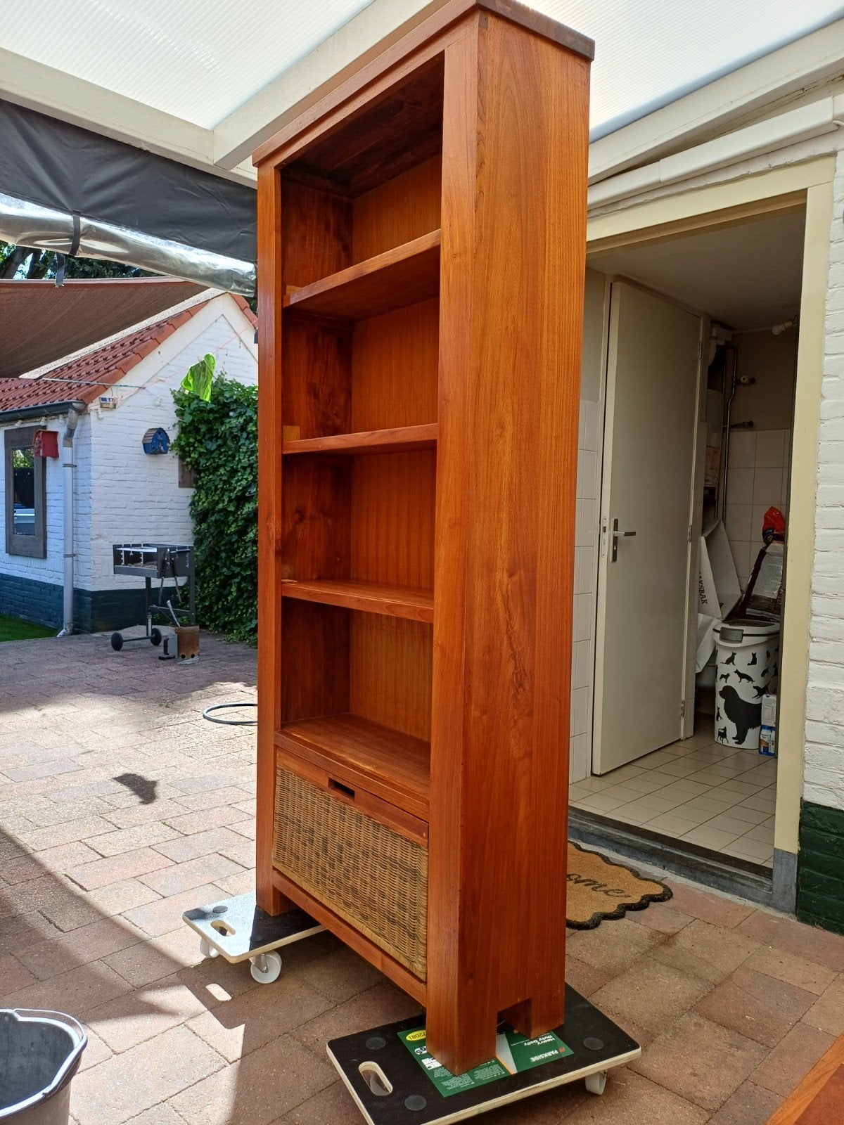 Teakhouten Boekenkast met Rotan Lade - Gebruikt, Ophalen, Met plank(en), Gebruikt, 200 cm of meer