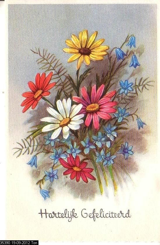 Ansichtkaart 	Hartelijk Gefeliciteerd	Bloemen, Verzamelen, Verzenden, 1940 tot 1960, Ongelopen, Feest(dag)