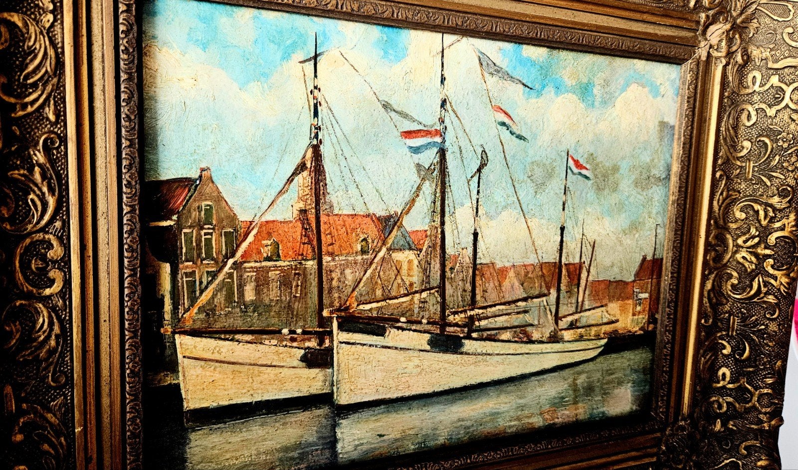 Antiek schilderij Oude Haven Vlaardingen op dik paneel, Ophalen, Impressionistisch, Olieverf, Ingelijst