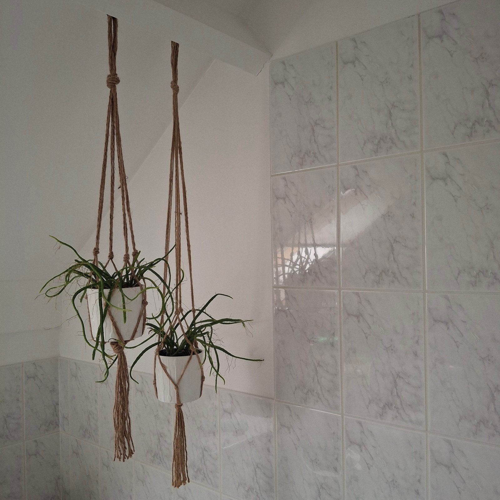 macrame hangers met pot en hangplanten, Ophalen of Verzenden, Halfschaduw, Minder dan 100 cm