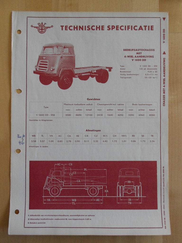 DAF V 1600 DD 4x4 Technische Specificatie Folder 1963 Kikker, Ophalen of Verzenden, Zo goed als nieuw, Overige merken, DAF
